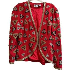 Vintage Black Tie He-Ro Heavy Beaded Red Single Button Blazer Jacket